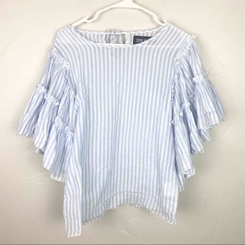 Style Mafia | Blue and White Striped Tiered Ruffle Sleeve Shirt Size Small